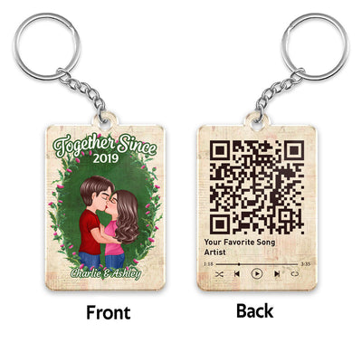 Doll Couple Floral Frame Old Newspaper Favorite Song QR Code Personalized Acrylic Keychain