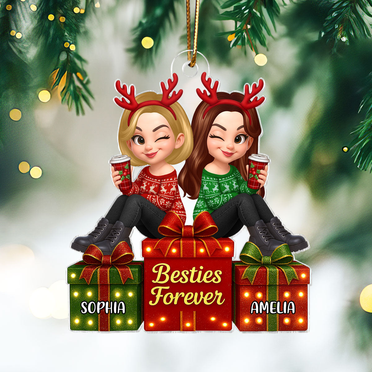 Besties Forever Beautiful Marquee Pattern Effect Gift Box Christmas - Personalized Acrylic Ornament