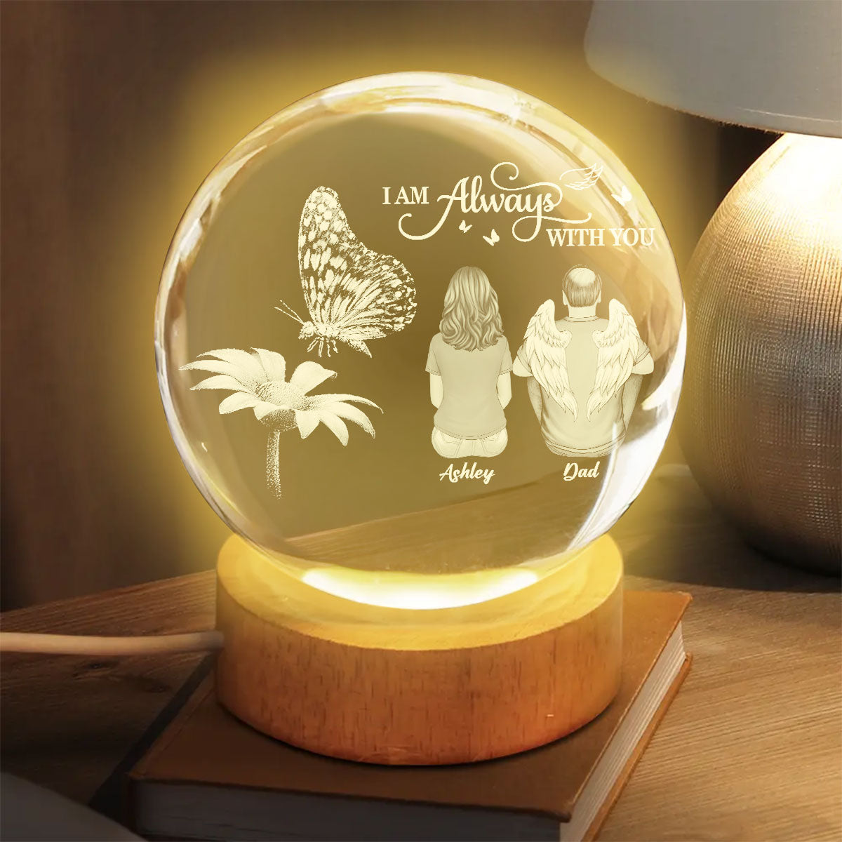 Always With You Family Back View Butterfly On Daisy - Personalized Crystal Ball LED Night Light - Memorial Remembrance Keepsake