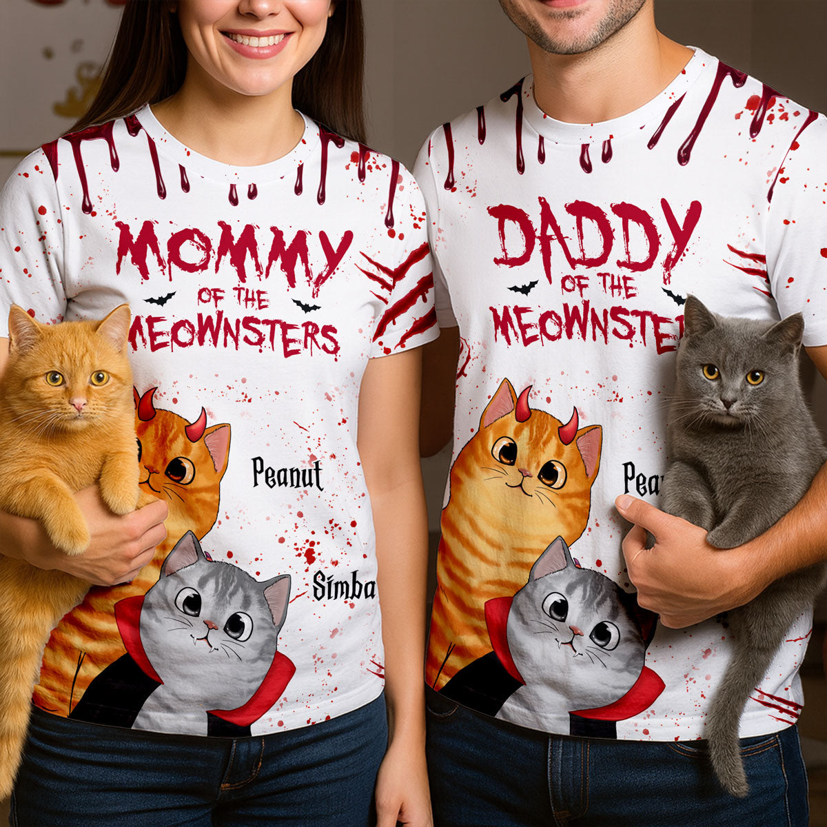 Halloween Peeking Cats Mommy Daddy Of The Meownsters Personalized 3D Shirt
