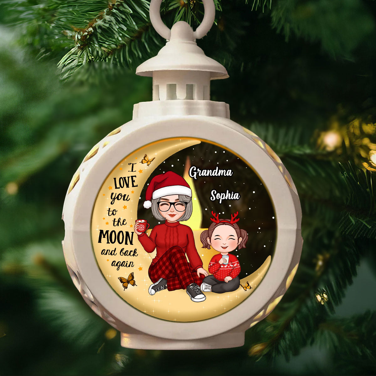 Cute Grandma & Grandkid On Moon Christmas Gift Personalized Lantern Ornament