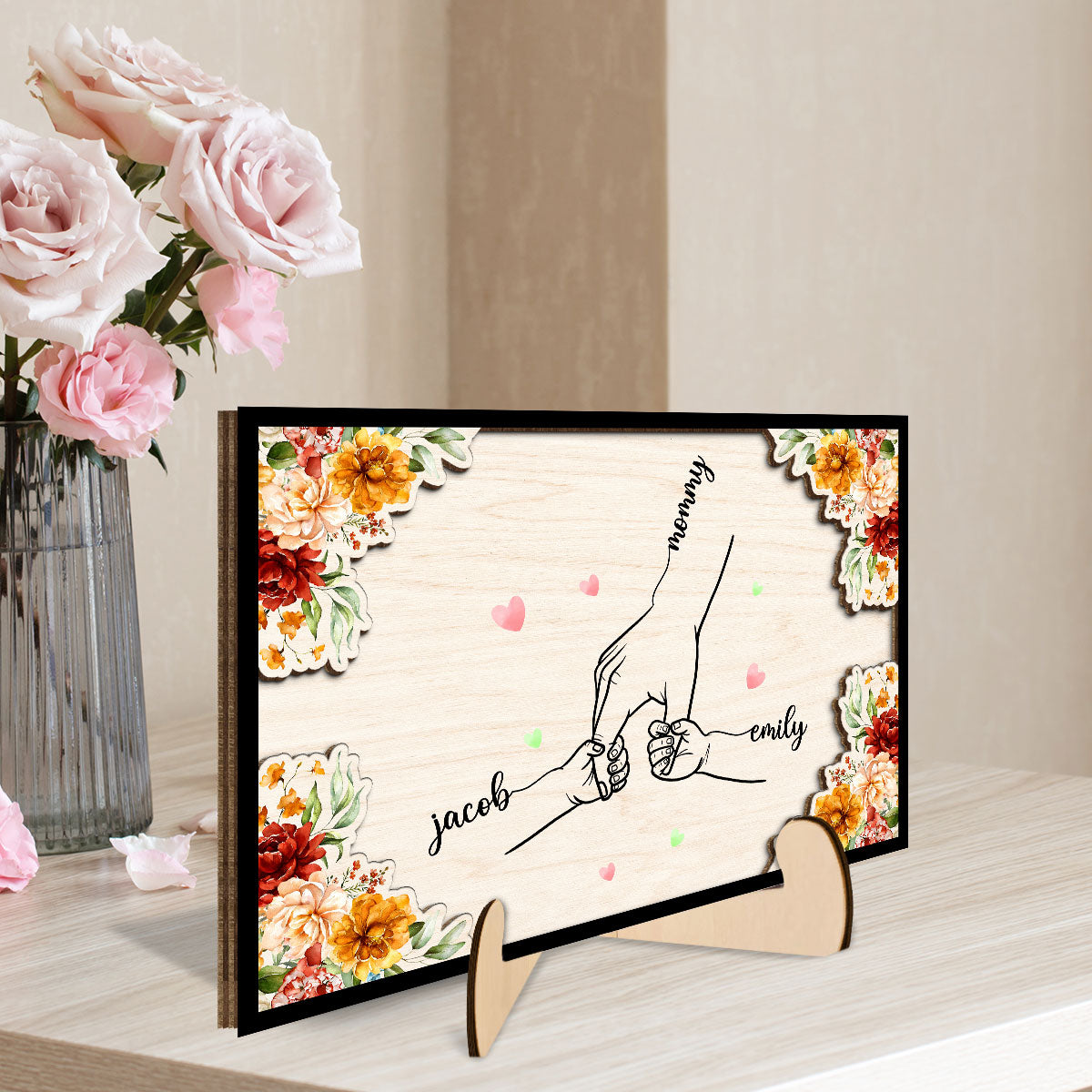 Mom Holding Children Hands Personalized 2-Layer Wooden Plaque