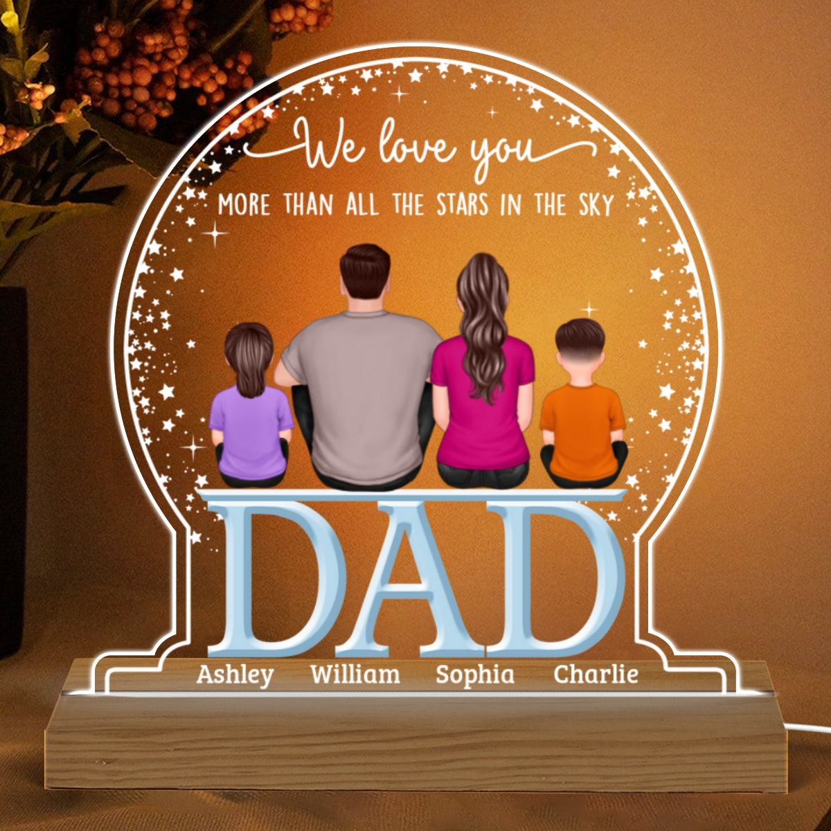 Dad We Love You More Than Stars In Sky Back View Sitting Man & Kids Personalized Custom Shaped Acrylic Plaque With Warm LED Night Light