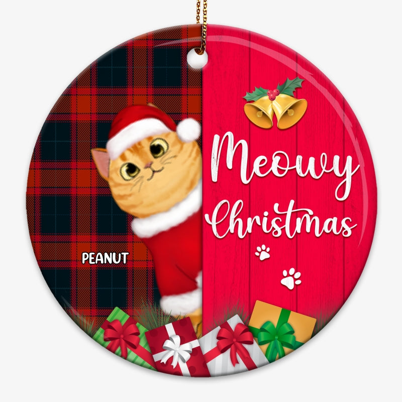 Meowy Christmas Checkered Pattern Personalized Circle Ornament