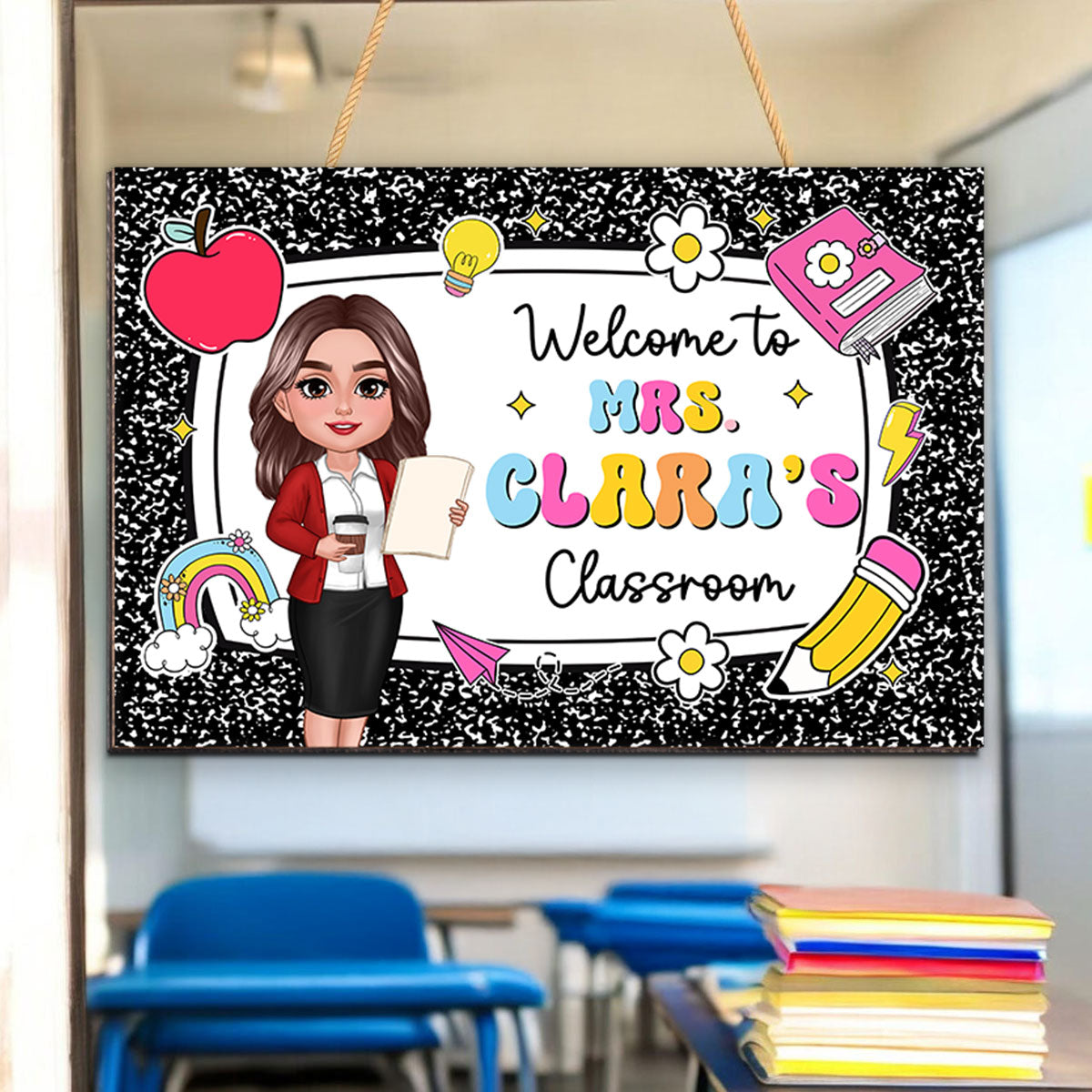 Teacher Composition Book Pattern Personalized Wood Sign, Back To School Gift