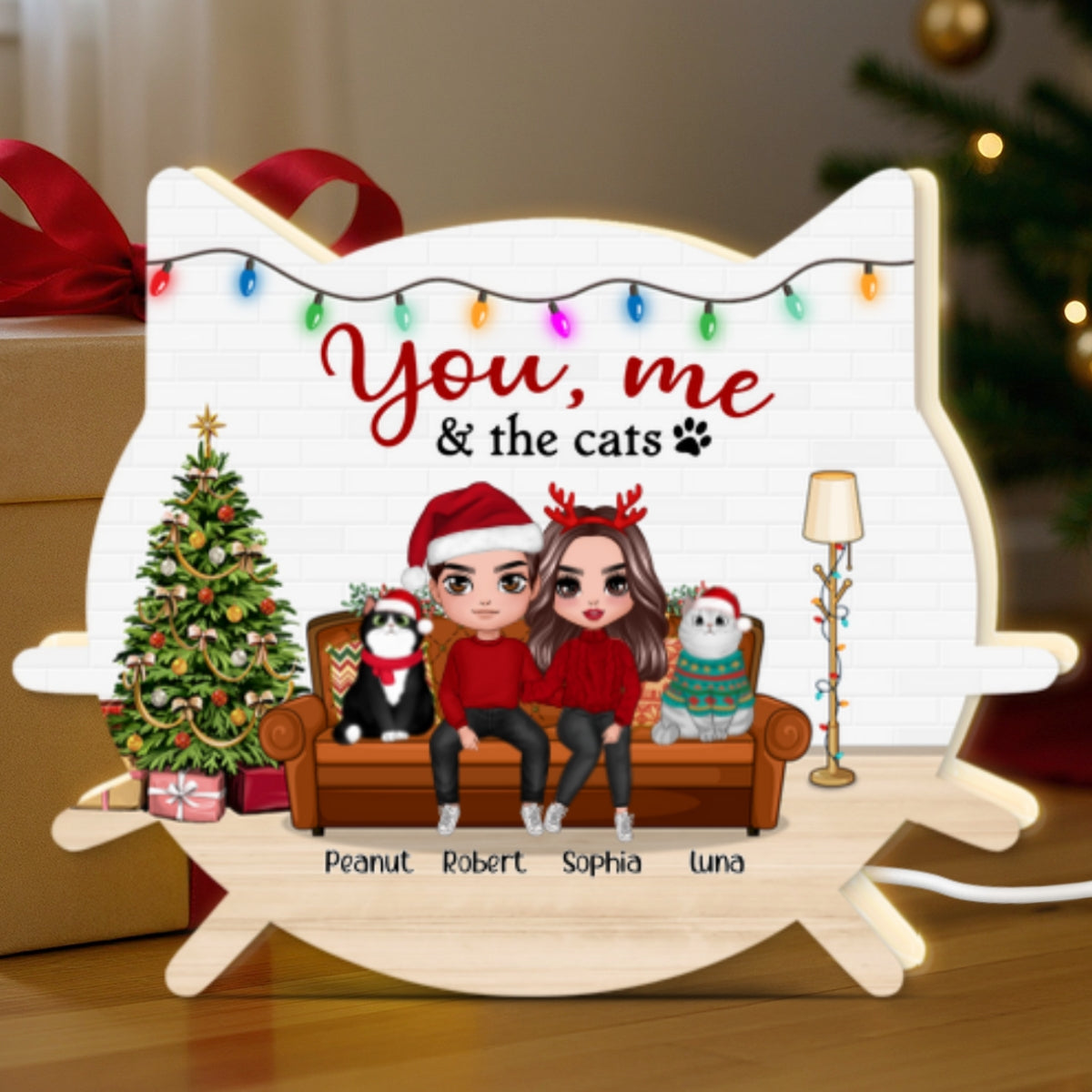 Christmas Couple You And Me And The Cats - Personalized Light Box - Gift For Cat Lovers