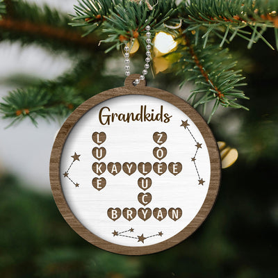 Grandkids Family Heart Crossword Art Puzzle Personalized 2-Layer Wooden Ornament