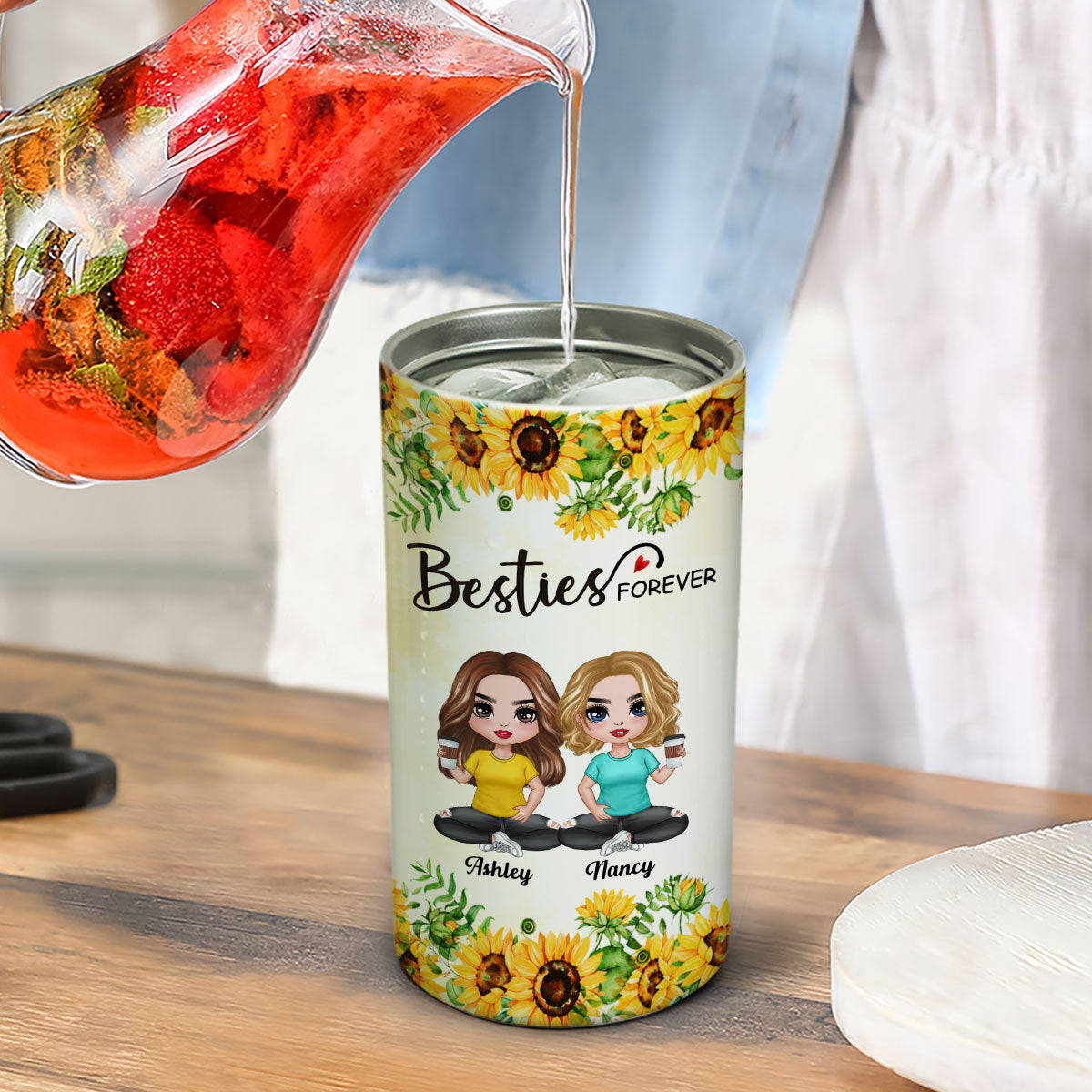 Sunflower Doll Besties Gift For Best Friends Personalized 4 In 1 Can Cooler