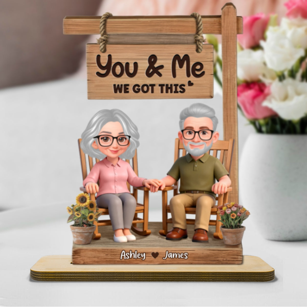 3D Effect Old Couple Sitting On Rocking Chair - Personalized 2-Layered Wooden Plaque - Anniversary, Valentine's Day Gift For Him, Gift For Her