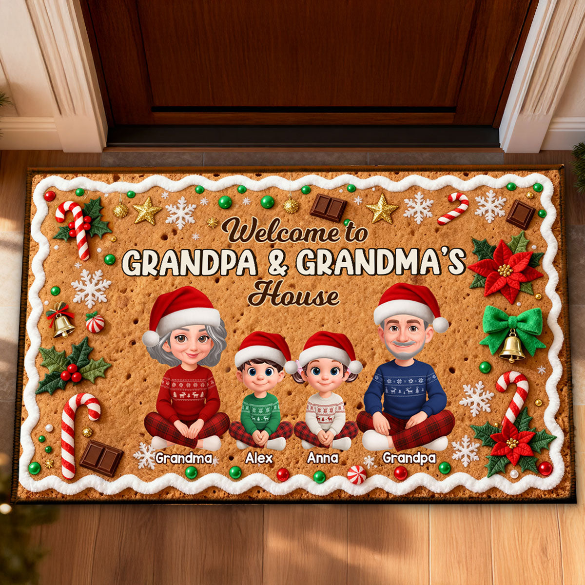 3D Effect Gingerbread Theme Welcome To Grandpa Grandma House Christmas - Personalized Doormat