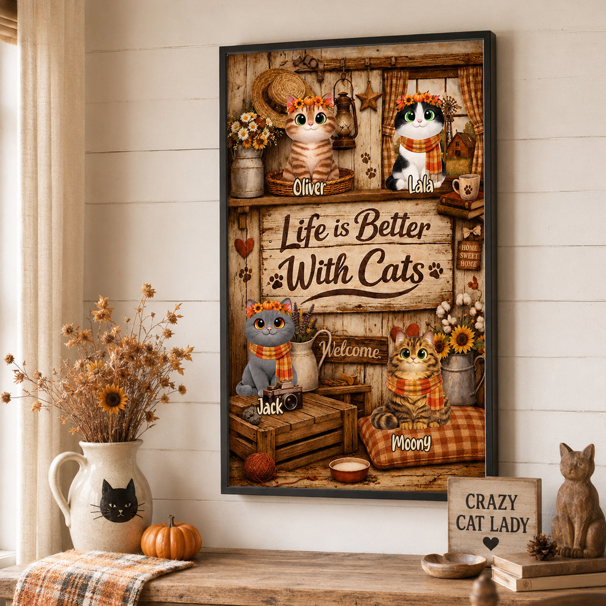 Life is Better with Cats - Personalized Poster - Cozy Fall Decor for Cat Lovers