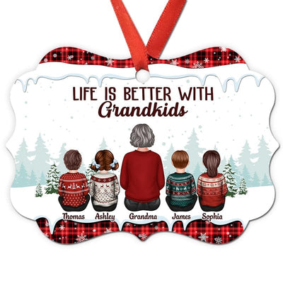Grandma Grandkids Sitting Checkered Pattern Personalized Christmas Ornament