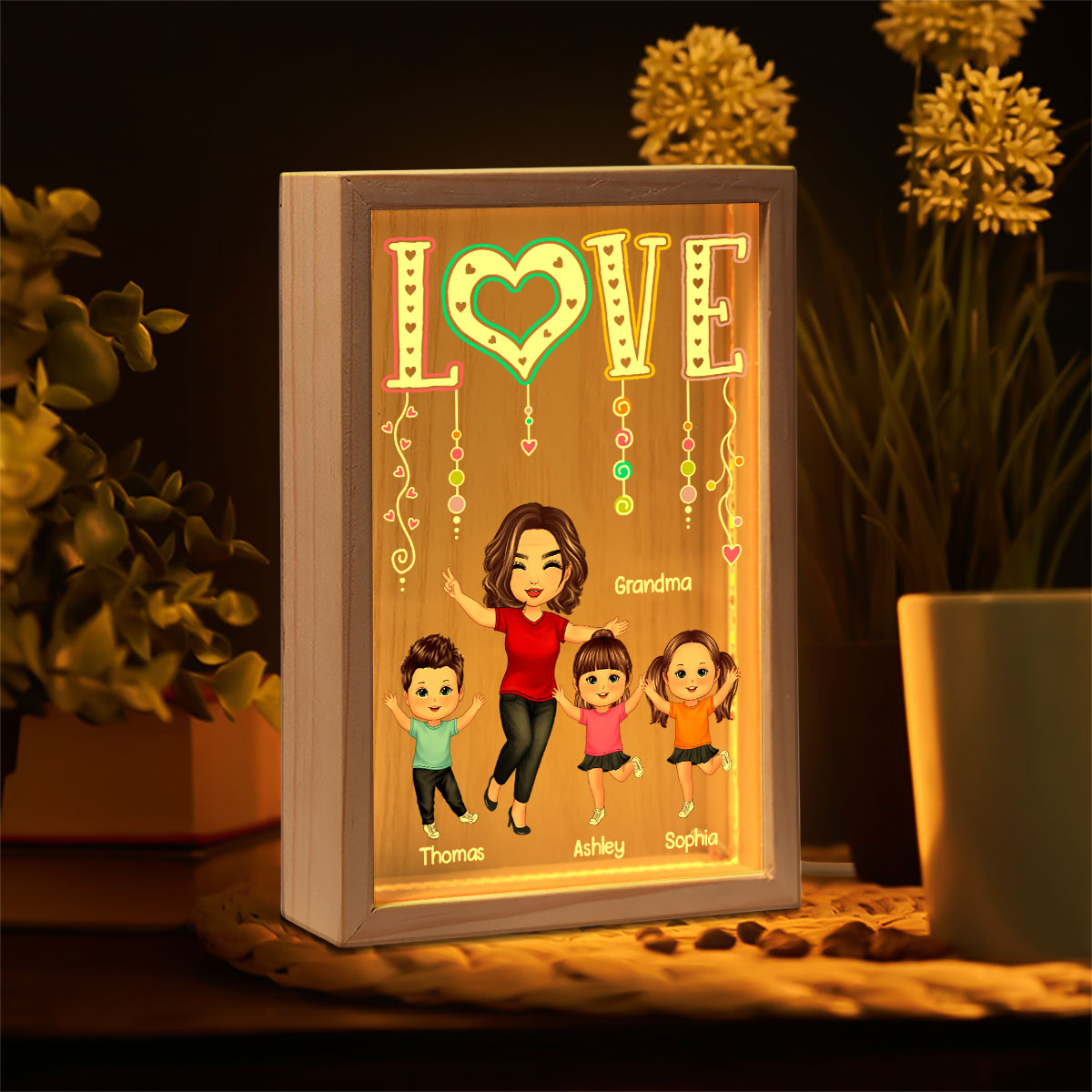 LOVE Happy Doll Grandma Mom With Kids Personalized Wooden Frame Light Box