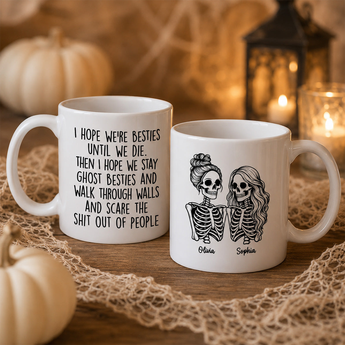 Besties Until We Die Skeleton Besties - Personalized Mug - Funny Work Bestie Gift, Halloween Keepsake For Best Friends