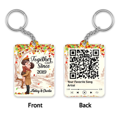 Doll Couple Kissing Under Fall Season Tree Favorite Song QR Code Personalized Acrylic Keychain