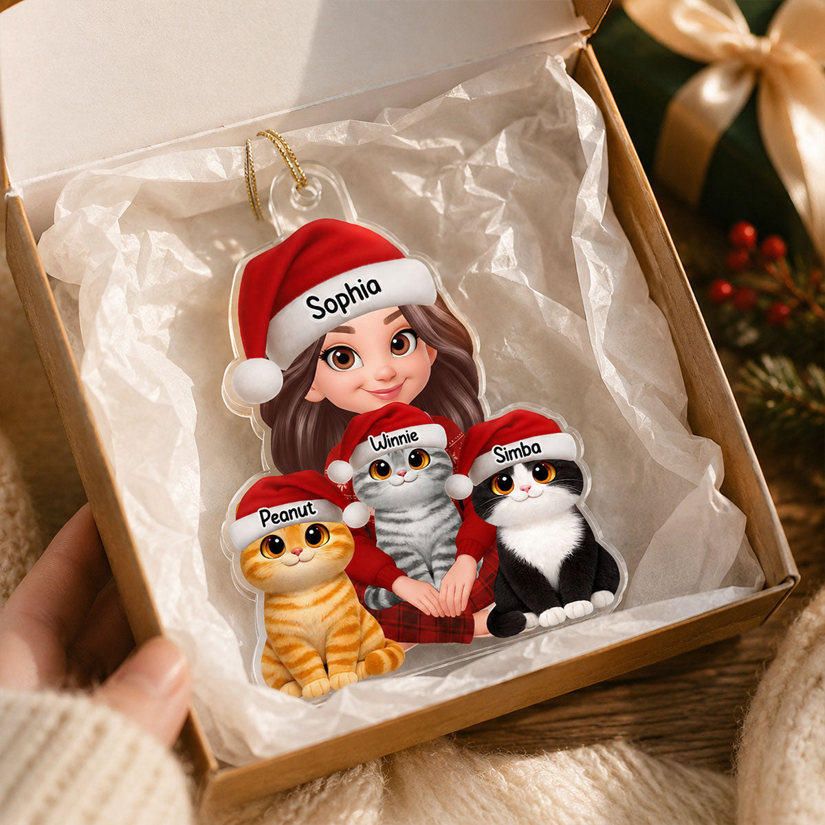 A Girl Sitting With Her Cats 2D Flat - Personalized Acrylic Ornament - Gift For Cat Lover, Gift For New Pet Owner