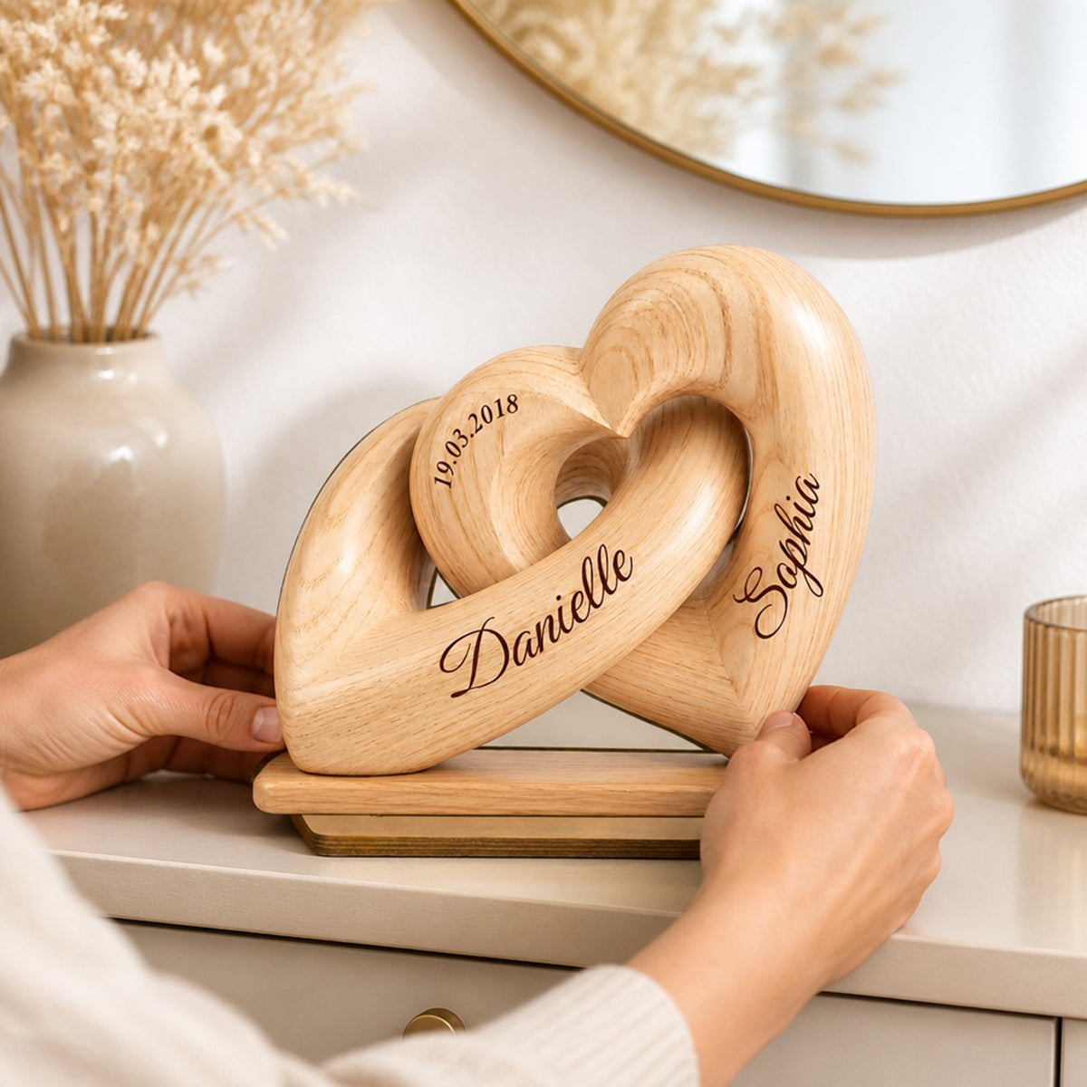 Interlocked Hearts Couple - Personalized 2-Layered Wooden Plaque - Gift for Him, for Her