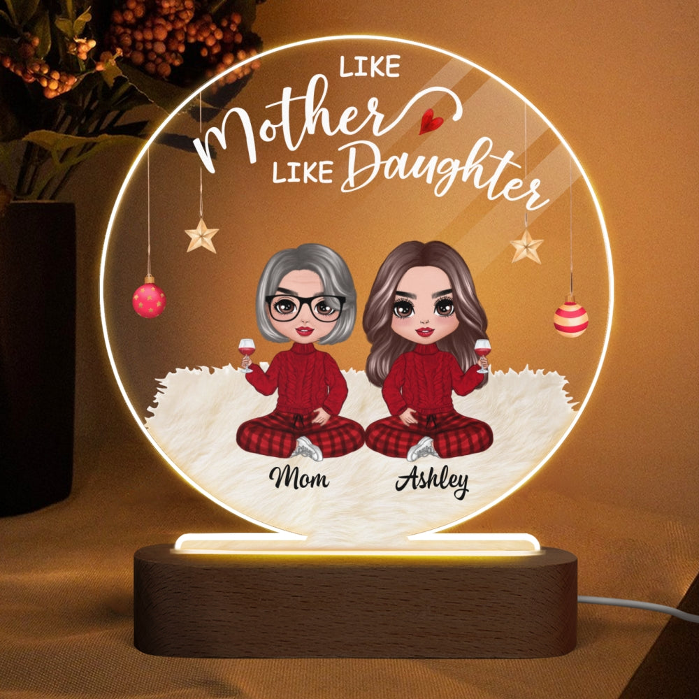 Doll Like Mother And Daughters Christmas Personalized Circle Acrylic Plaque LED Night Light