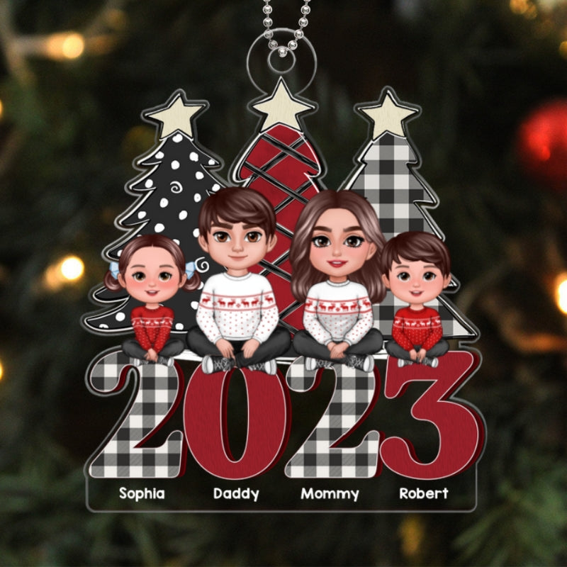 Family Sitting Crossed Legs On Buffalo Plaid Red 2023 Personalized Acrylic Ornament