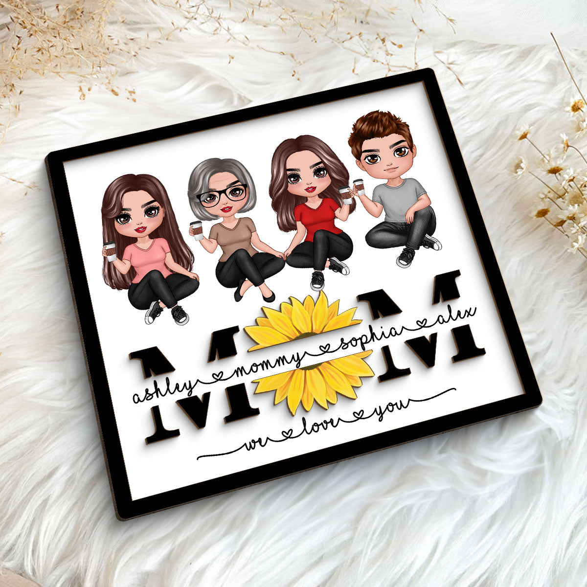 Mom We Love You Sunflower Sitting On Text Personalized 2-layer Wooden Plaque, Gift For Mom