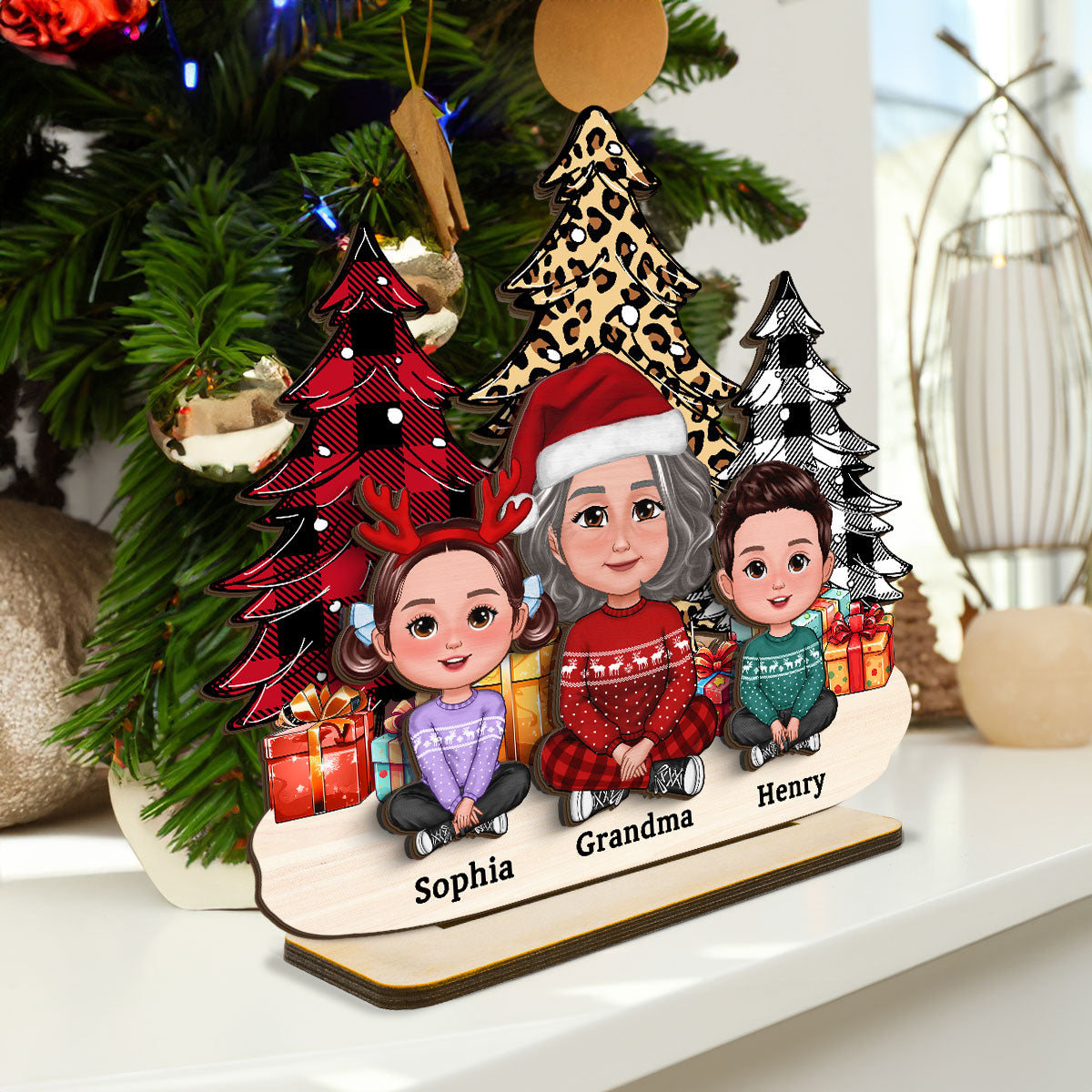 Leopard Checkered Christmas Tree Grandma & Grandkids Tabletop Decor Personalized 2-Layer Standing Wooden Plaque