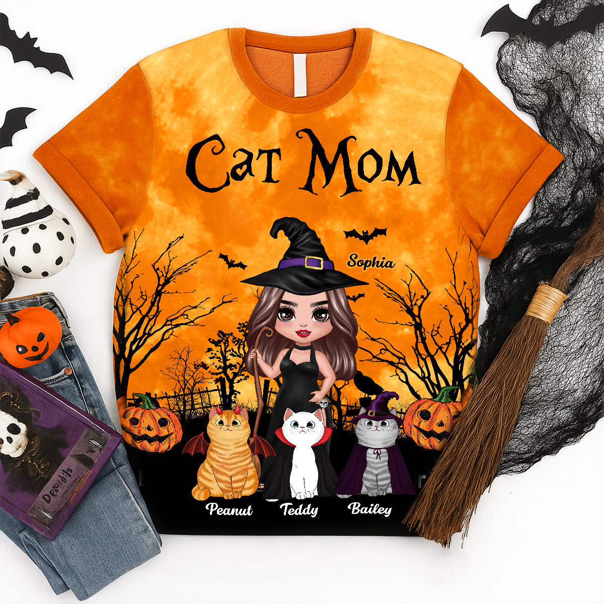 Witch Cat Mom Halloween Moon Light Bat Tree Personalized Shirt, Purrfect Costume for Cat Lover