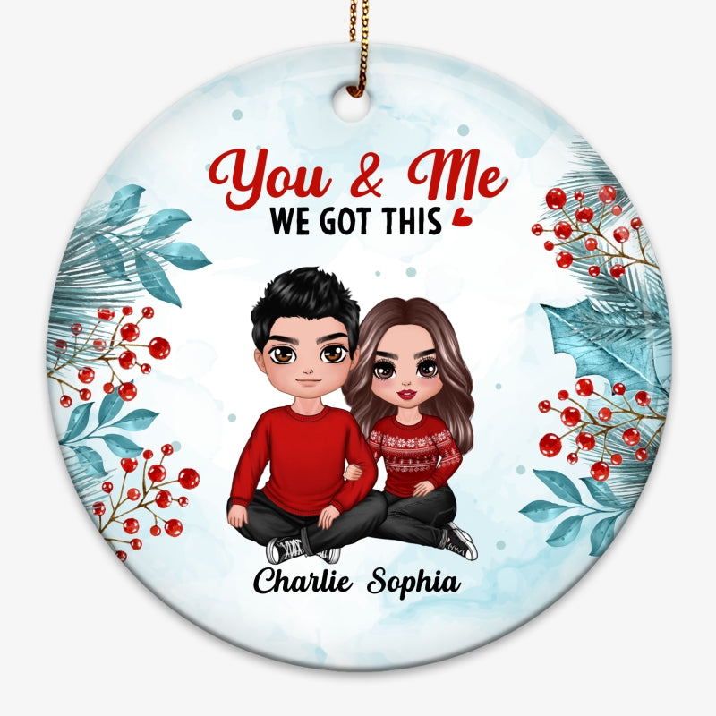 Watercolor Holly Branch Embracing Couple Personalized Circle Ornament