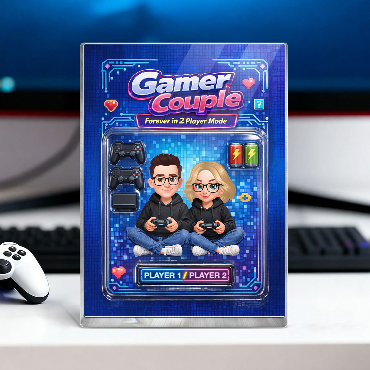 Forever in 2 Player Mode Custom Action Figure - Personalized Acrylic Block Plaque - Custom Gaming Gift for him, for her