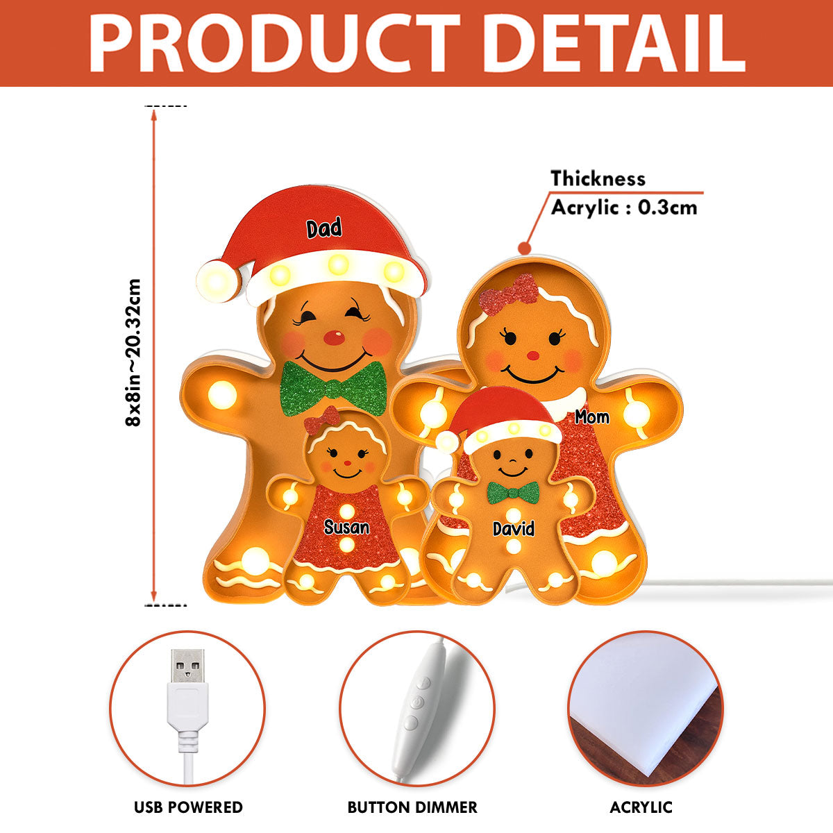 Gingerbread Family Marquee Effect Personalized LED Light Box, Christmas Decoration