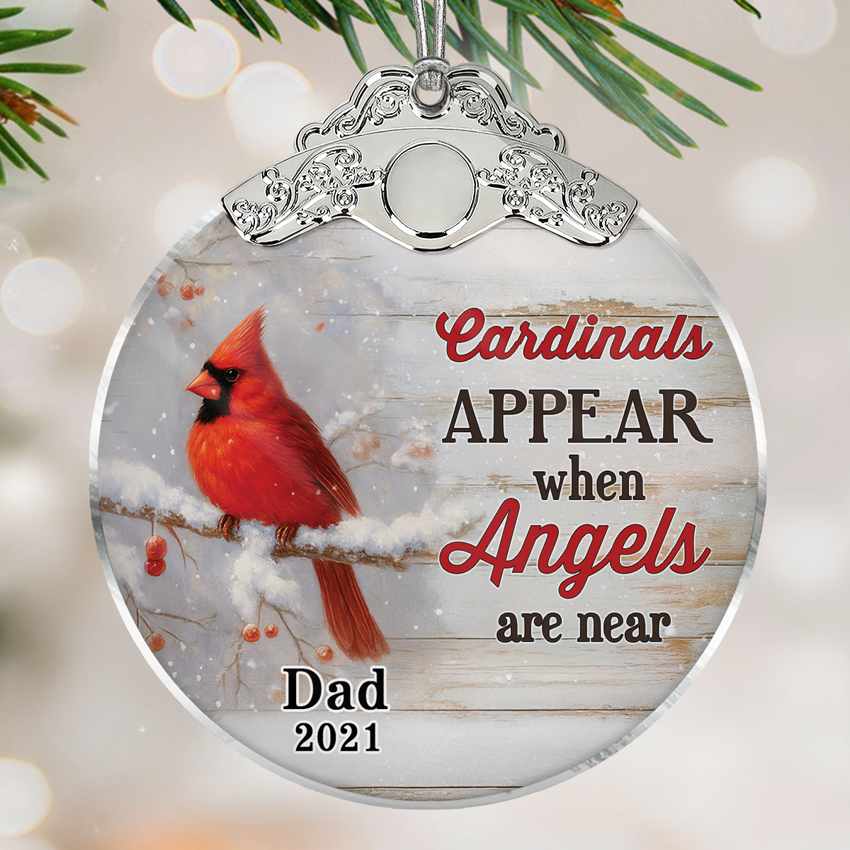 We're Always With You Cardinals In Snow - Personalized Glass Ornament With Silver Cap - Christmas Memorial Keepsake For Family