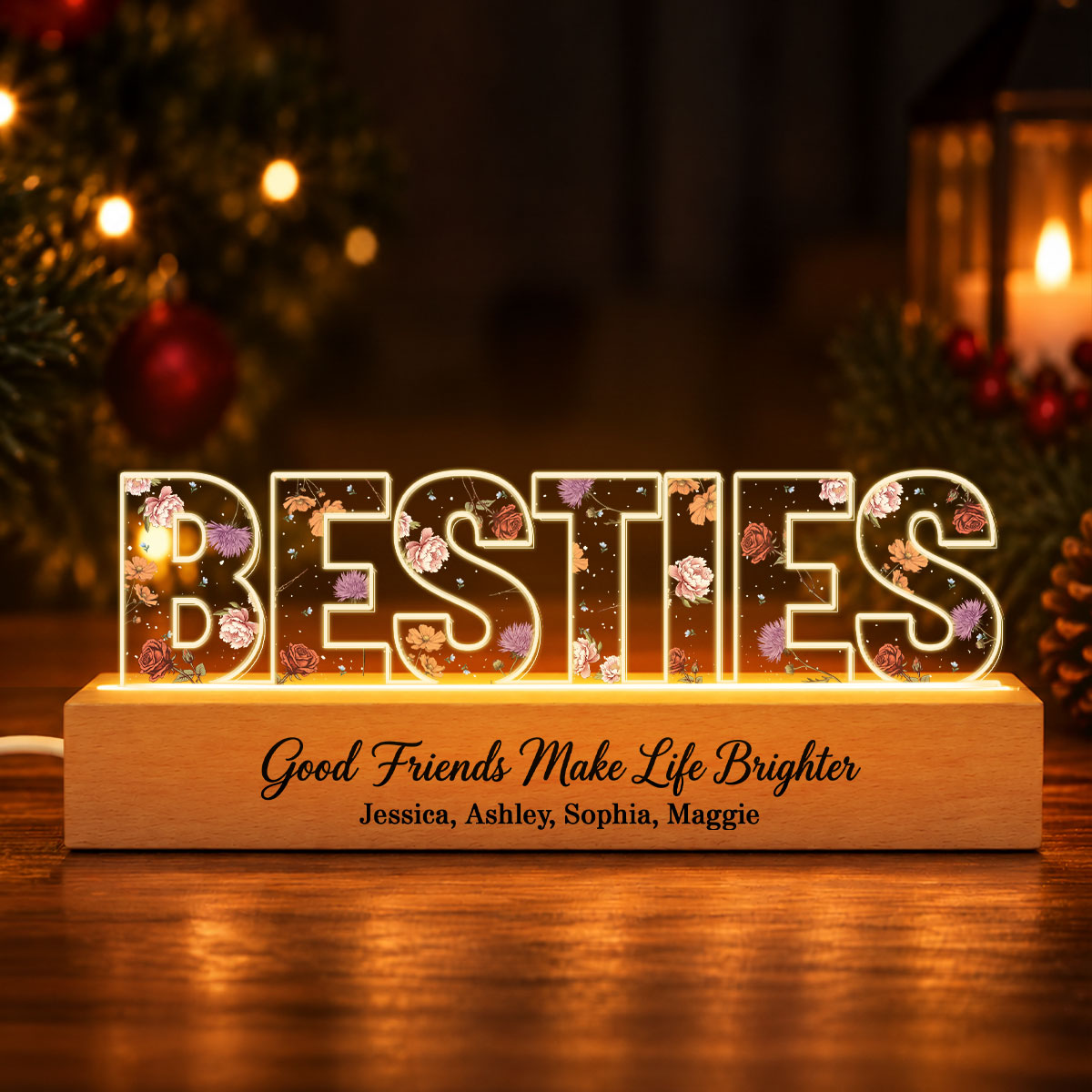 Besties Forever Together Custom Birth Month Flowers - Personalized Acrylic Plaque LED Night Light - Christmas Gift Best Friends, Besties