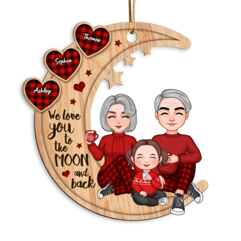 Checkered Pattern Heart Cute Grandma Grandpa & Grandkid Sitting On Moon Personalized Wooden Ornament