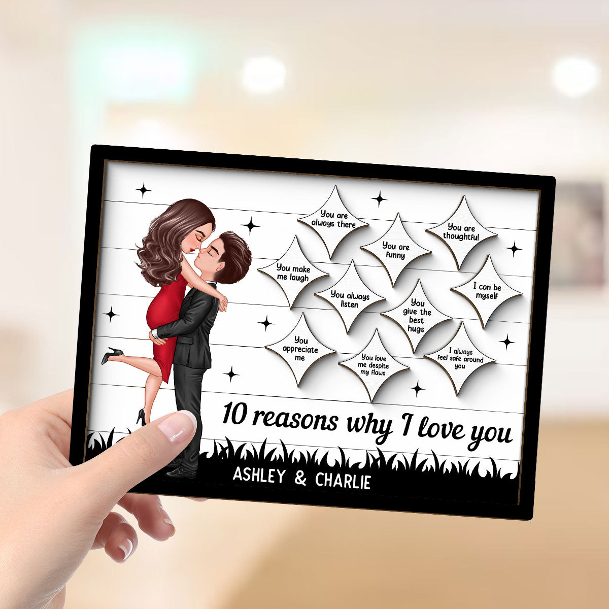 Couple Kissing Star Sky Reasons I Love You Personalized 2-layer Wooden Plaque