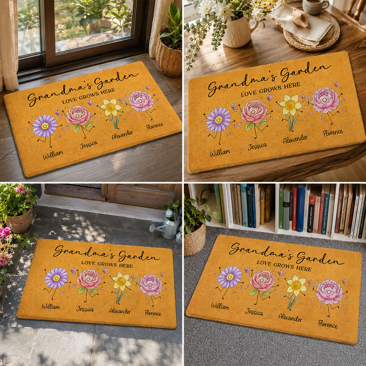 Grandma's Garden Cute Doodle Birth Month Flowers - Personalized Doormat - Home Decor Gift, Birthday Gift For Grandma