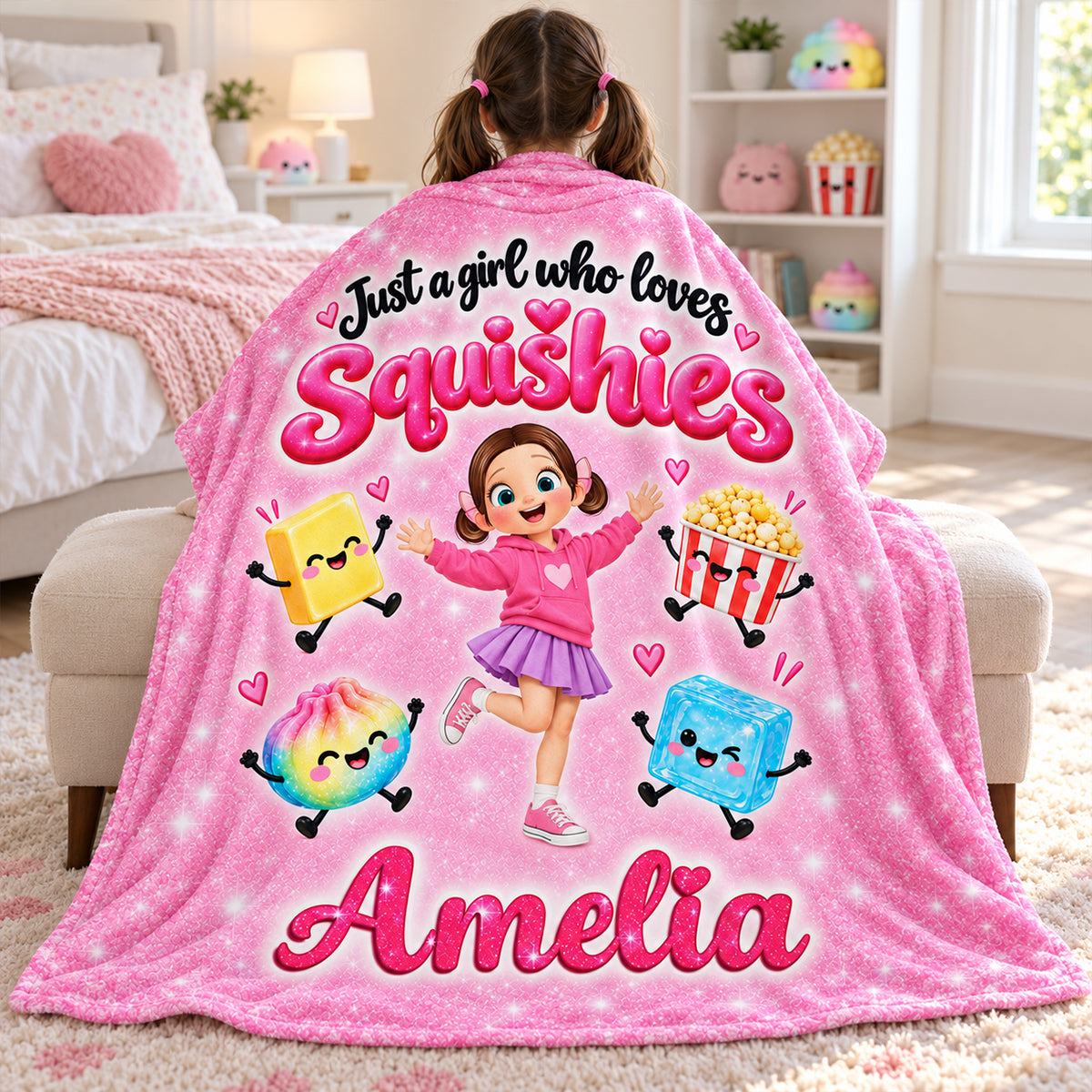Cute Girl Loves Squishies - Personalized Fleece Blanket - Gift For Daughter, Granddaughter