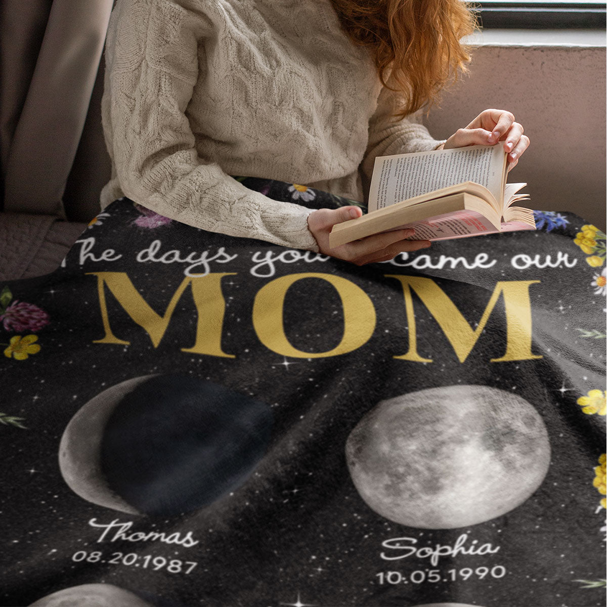The Day You Became Mom Grandma Custom Birth Moon Phase Floral Personalized Fleece Blanket, Gift