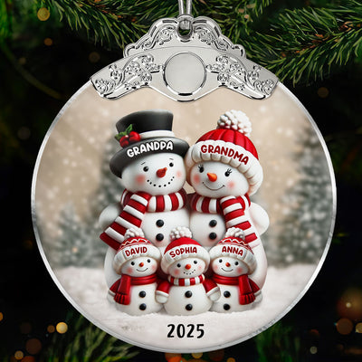 3D Effect Cute Snowman - Personalized Glass Ornament With Silver Cap - Christmas Decor For Family, Grandma, Grandpa