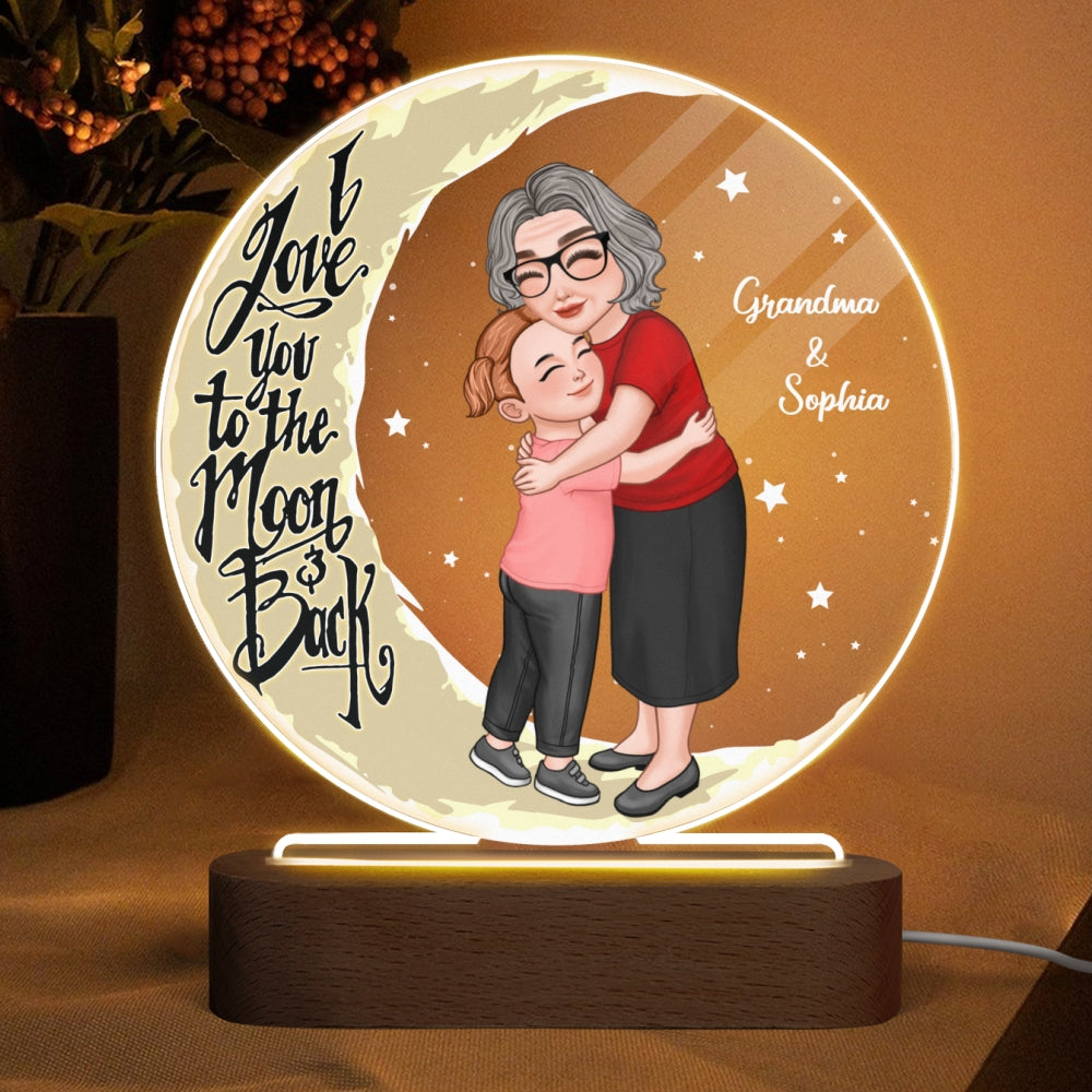 Grandma Hugging Grandkid Love You To The Moon And Back Personalized Acrylic LED Night Light, Gift For Grandma, Granddaughter, Grandson