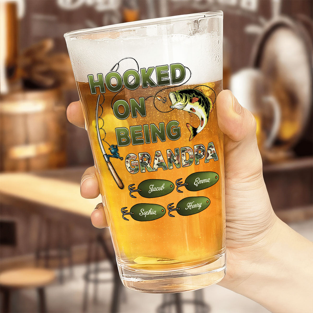 Hook On Being Grandpa Fishing Camouflage Personalized Beer Glass