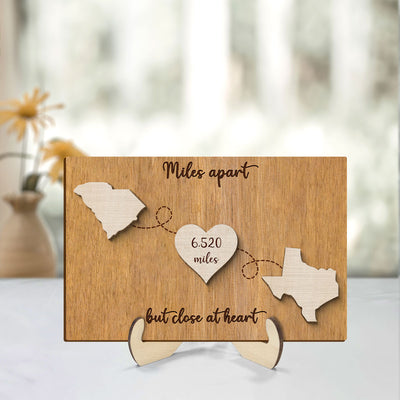 Miles Apart But Close At Heart, Long Distance Family Friends Siblings Sisters Besties Personalized 2-Layer Wooden Plaque, Togetherness Gift