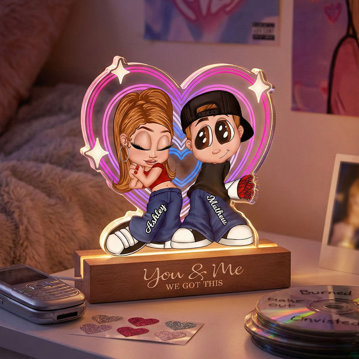 Forever Love Y2K Couple Neon Heart - Personalized Acrylic Block LED Night Light - Valentine's Day Gift For Couple, For Her, For Him