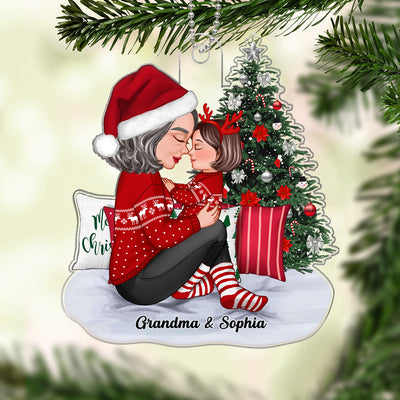 Grandma Mom Holding Kid Sitting On Christmas Bed Personalized Acrylic Ornament