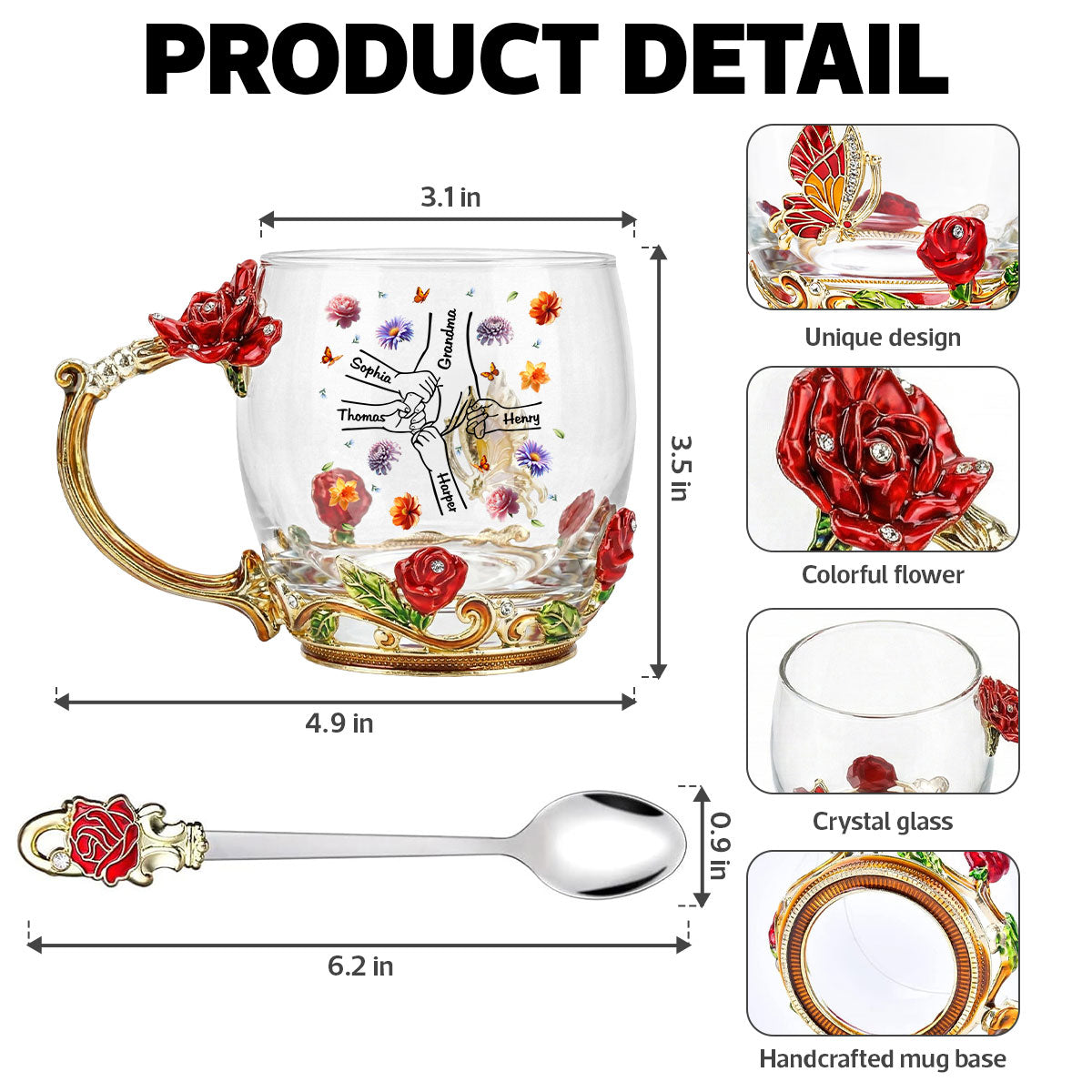 Grandma Mom Holding Kids Hands Birth Month Flowers - Personalized Enamel Flower Tea Cup - Gift For Grandma, Mom