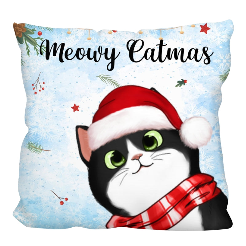 Meowy Catmas Cute Peeking Fluffy Cat Personalized Pillow (Insert Included)