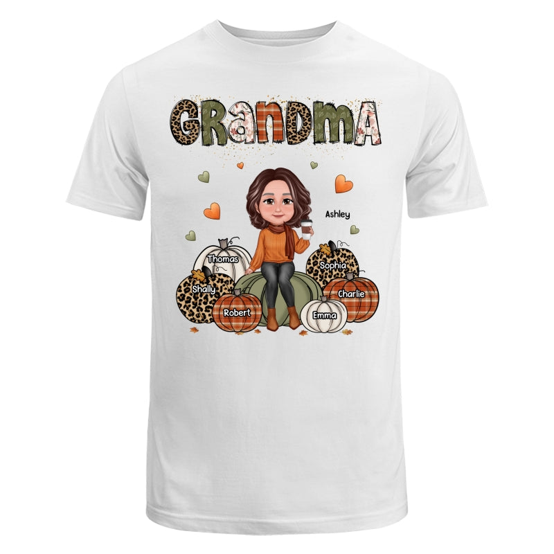 Vintage Orange & Green Grandma Patterned Pumpkins Kids Names Fall Season Personalized Shirt