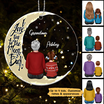 Grandma & Grandkids On Moon Back View Personalized Acrylic Ornament