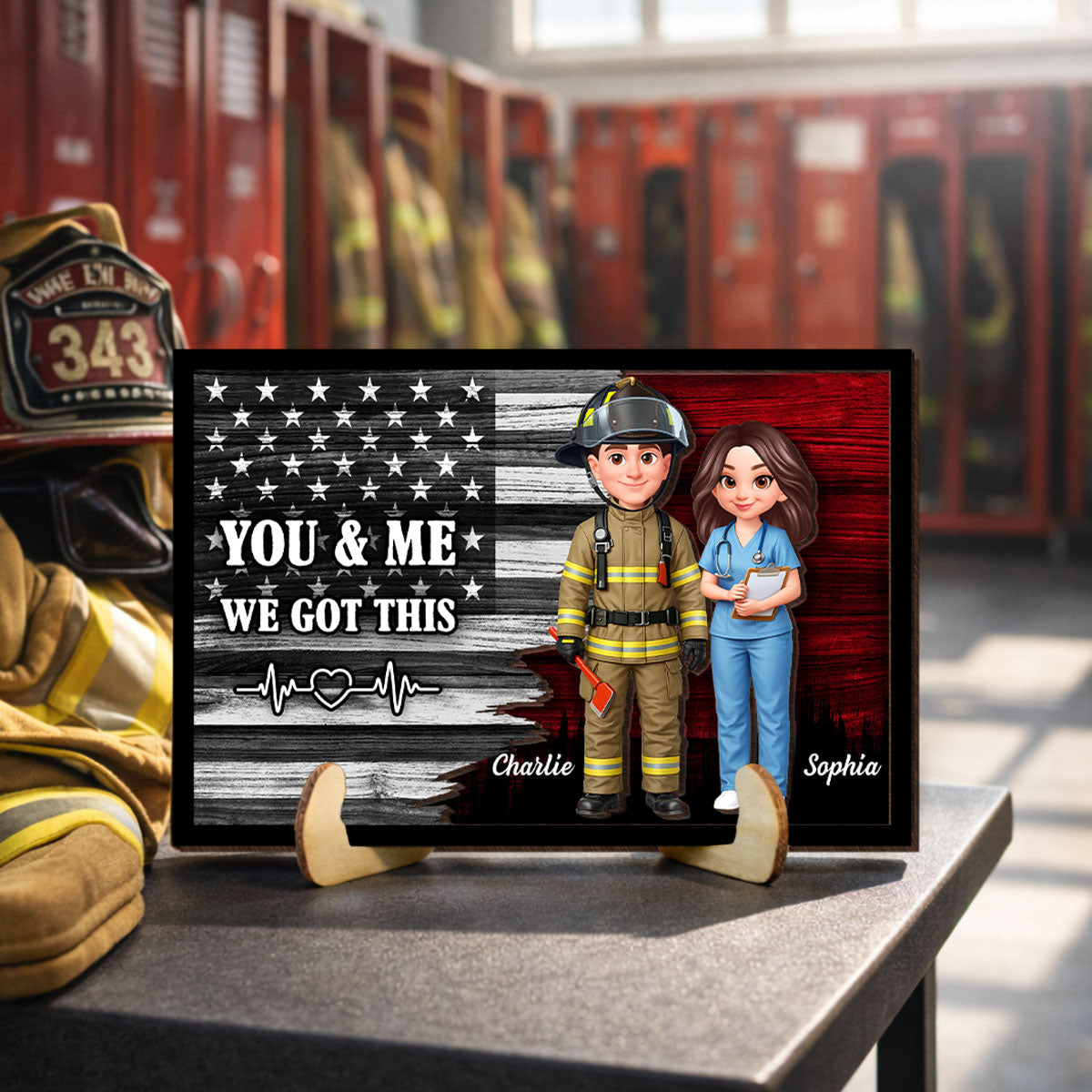 Custom Hero Couple Thin Red Line Nation Flag - Personalized 2-Layered Wooden Plaque - Heartfelt Gift for Him, for Her