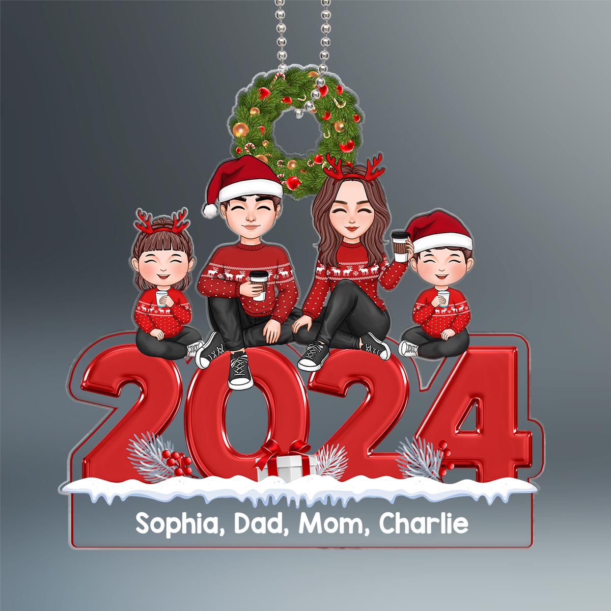Christmas 2024 Cute Family Dad Mom Kids Dogs Cats Sitting Personalized Acrylic Ornament