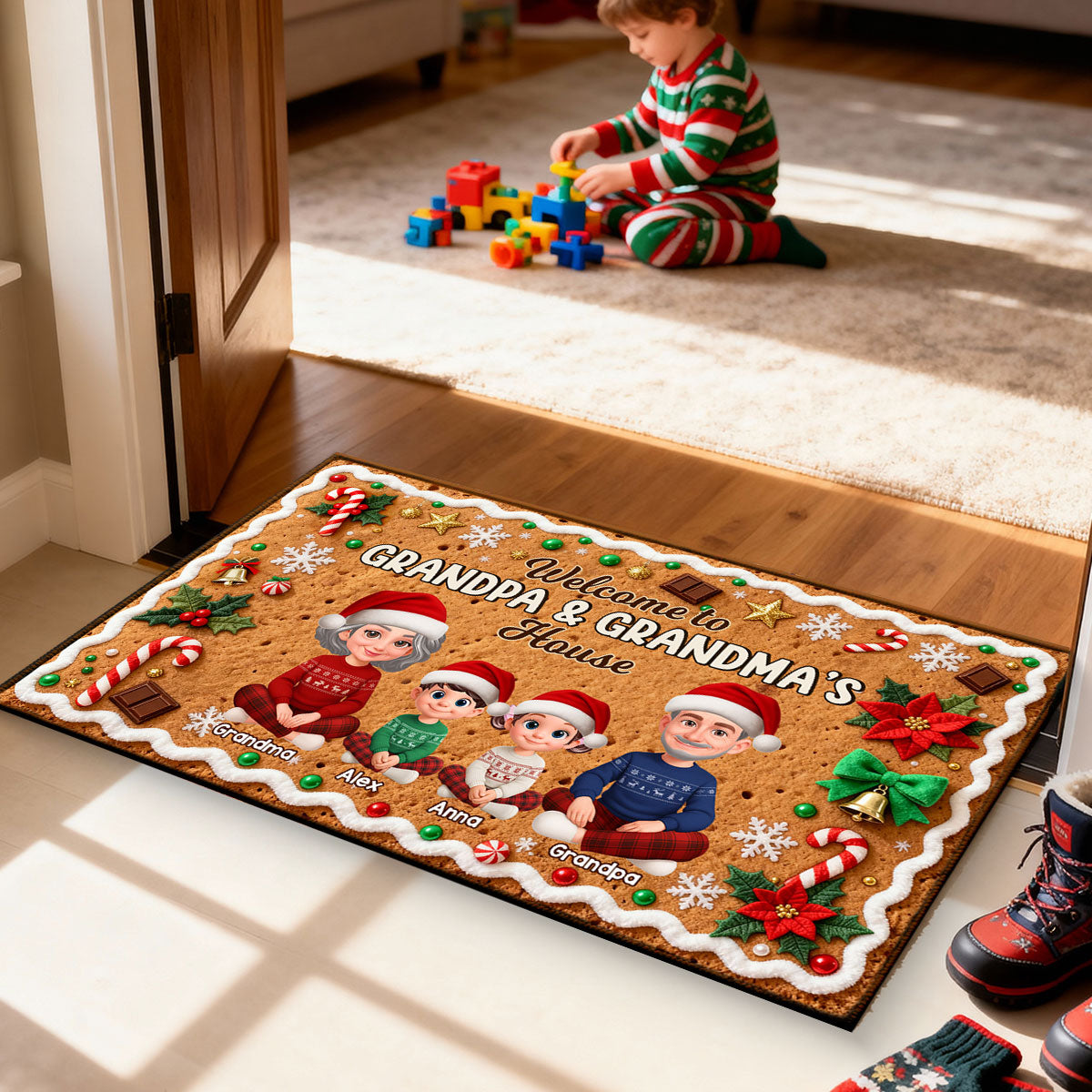 3D Effect Gingerbread Theme Welcome To Grandpa Grandma House Christmas - Personalized Doormat