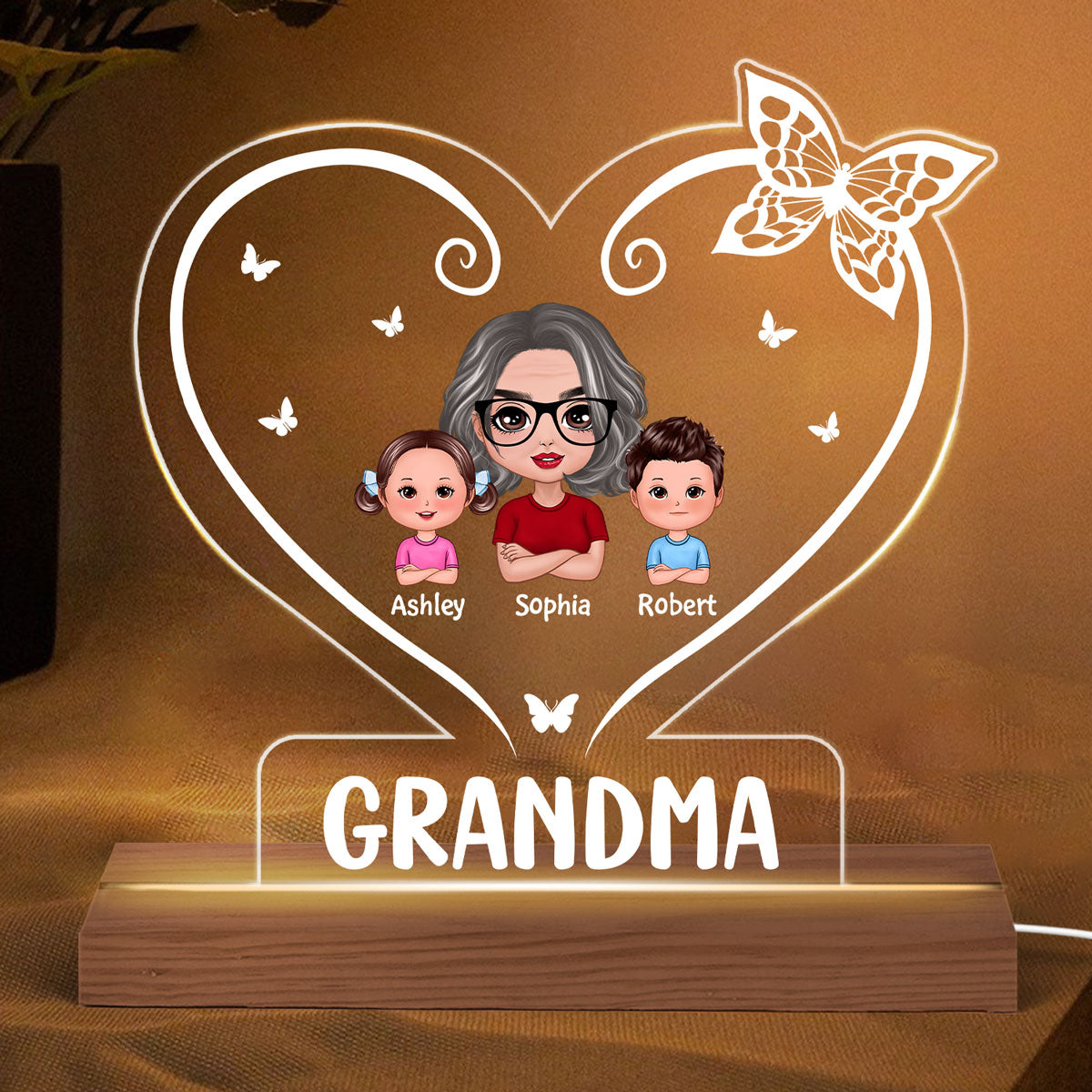 Doll Grandma Grandkids Heart Butterfly Personalized Custom Shape LED Night Light